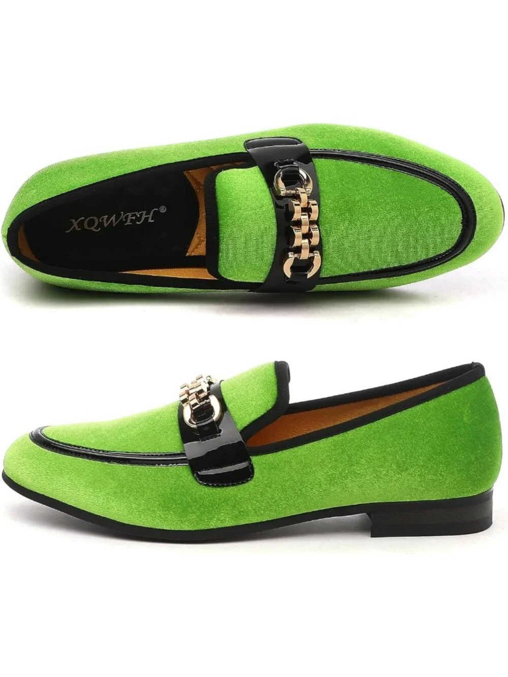 Men's Velvet Slip-On Loafers with Gold Chain Detail - Stylish Smoking Flats